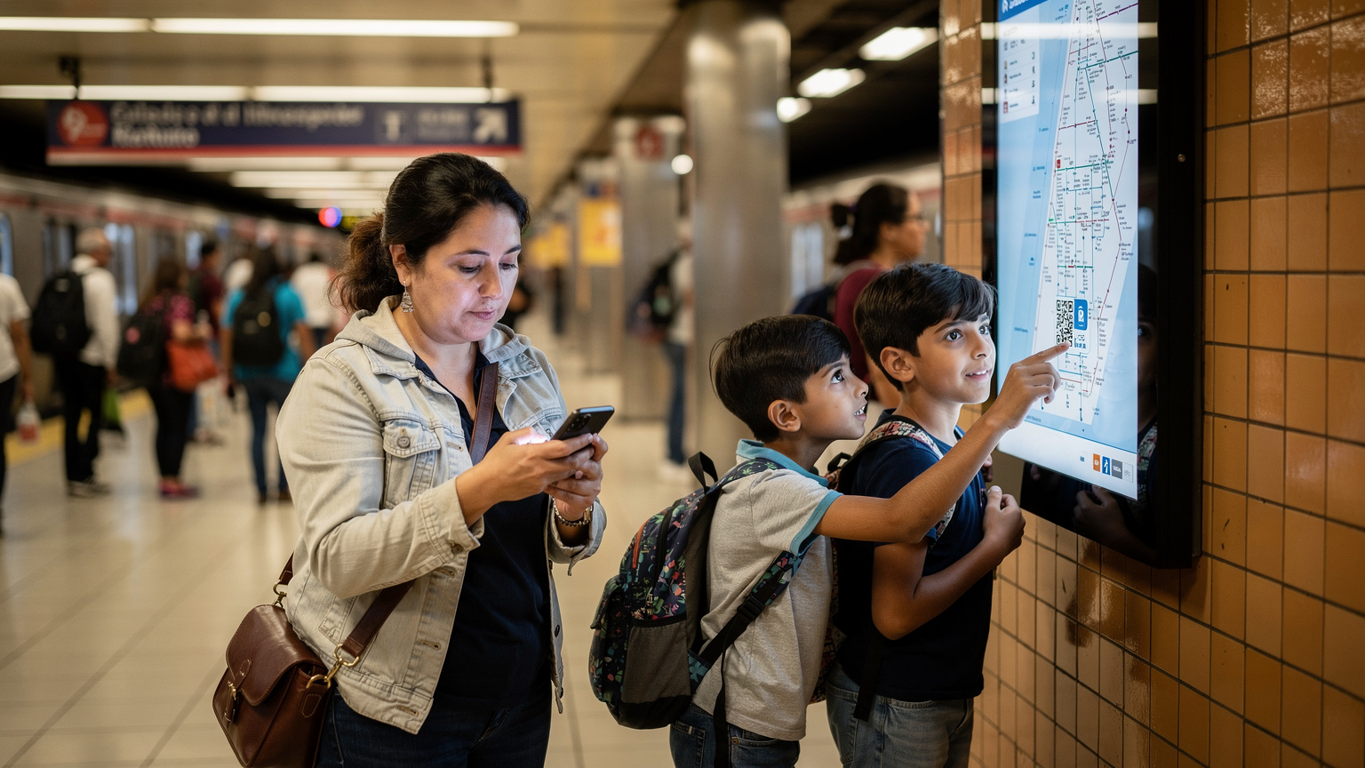 Meksika City'nin hareketli bir metro istasyonunda, bir anne elindeki telefonunda bir QR kodunu tararken, iki çocuğu da sabırsızca metro haritasına bakıyor. Arka planda geleneksel Meksika metro vagoları ve yoğun insan kalabalığı var.