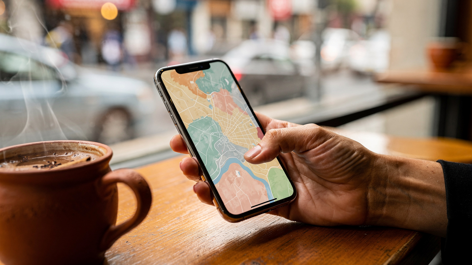 Meksika City'de bir kahve dükkanının penceresinden dışarıya doğru uzanan bir annenin eli, telefon ekranında bir harita uygulamasını yakından gösteriyor. Arka planda şehrin yoğun trafiği ve taksiler bulanık bir şekilde geçiyor.