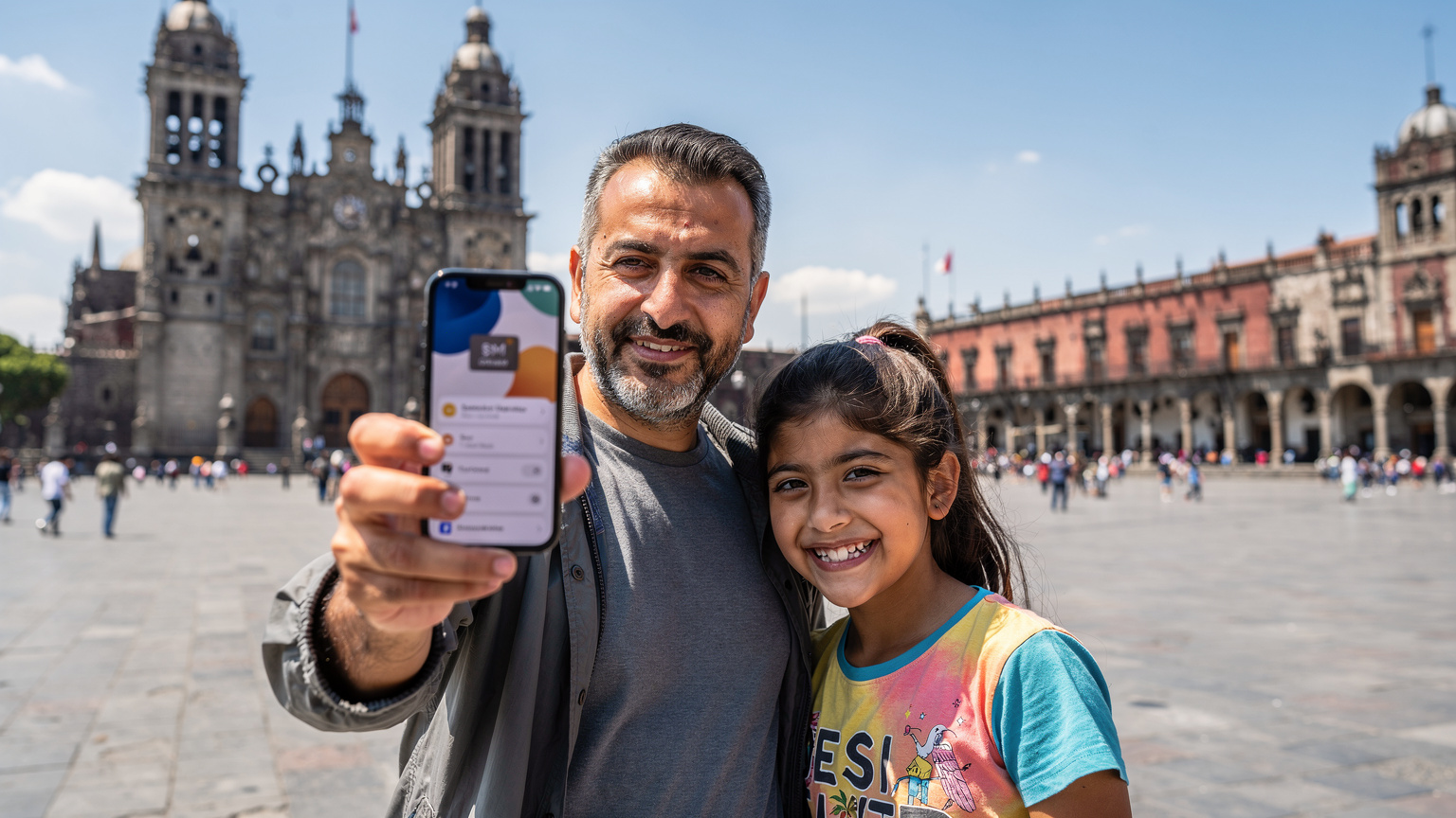 Meksika City'nin Zócalo Meydanı'nda, bir baba ve 10 yaşındaki kızı, devasa Meksika bayrağının önünde neşeyle selfie çekiyor. Babanın telefonunda eSIM ayarları ekranı açık ve kızının yüzünde büyük bir gülümseme var. Arka planda Metropolitan Katedrali ve Ulusal Saray görünüyor.