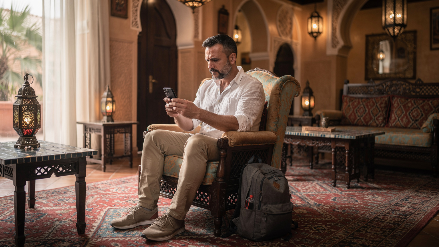A frustrated traveler sitting in a hotel lobby, looking intently at their smartphone screen which displays a weak Wi-Fi signal icon.