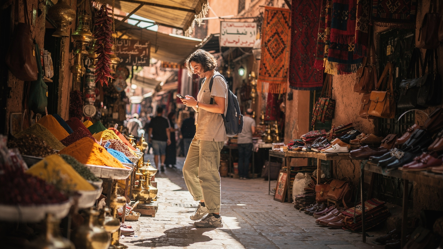 A person navigating through a vibrant, crowded souk in Marrakech, holding a smartphone discreetly to check directions amidst market stalls.