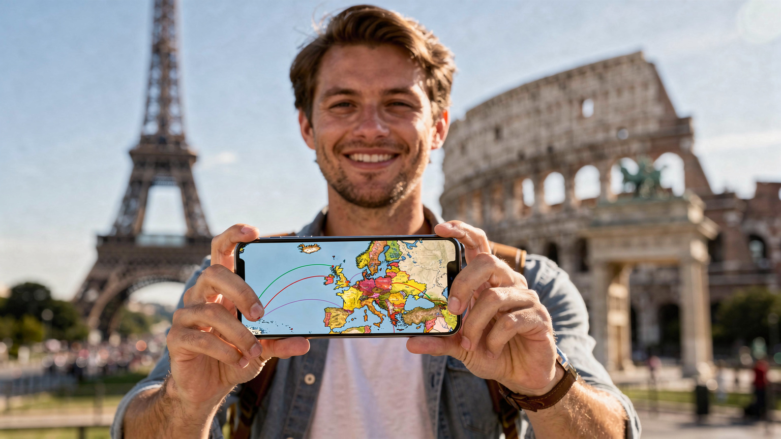 A traveler smiling while using their phone to navigate a map of Europe, with famous landmarks subtly visible in the background, symbolizing effortless multi-country travel.