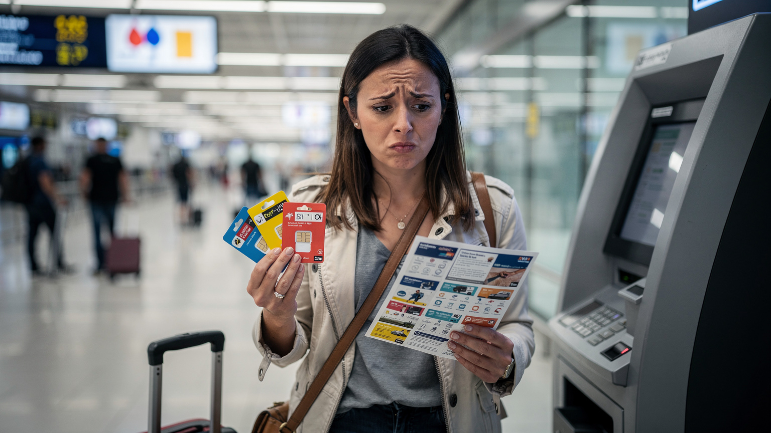 A woman looks frustrated at a collection of physical SIM cards and confusing brochures at an airport kiosk, highlighting the difficulty of traditional data solutions.