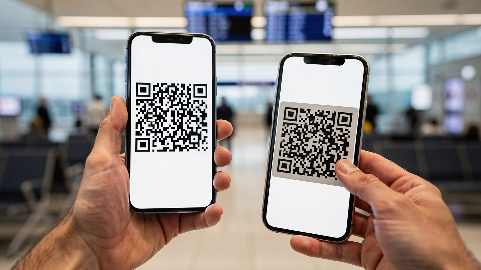 Close-up of a traveler's hands holding a smartphone, scanning an eSIM QR code, with a blurred background of a bustling airport departure lounge, showing the ease of activation.
