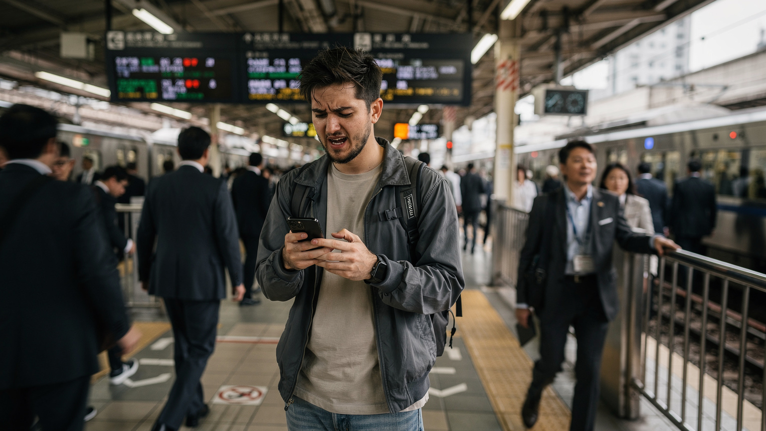 A traveler at a crowded train station in Tokyo, looking frustrated at their iPhone 17 screen, attempting to troubleshoot a connectivity issue before boarding a train.