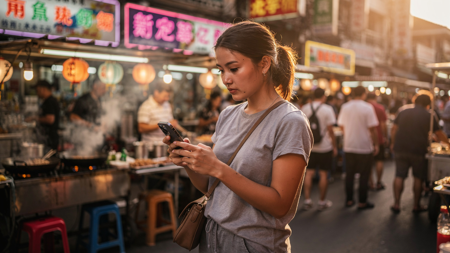 A traveler in a bustling Bangkok street market checking her iPhone 17, comparing eSIM data plans while surrounded by vibrant street food stalls.