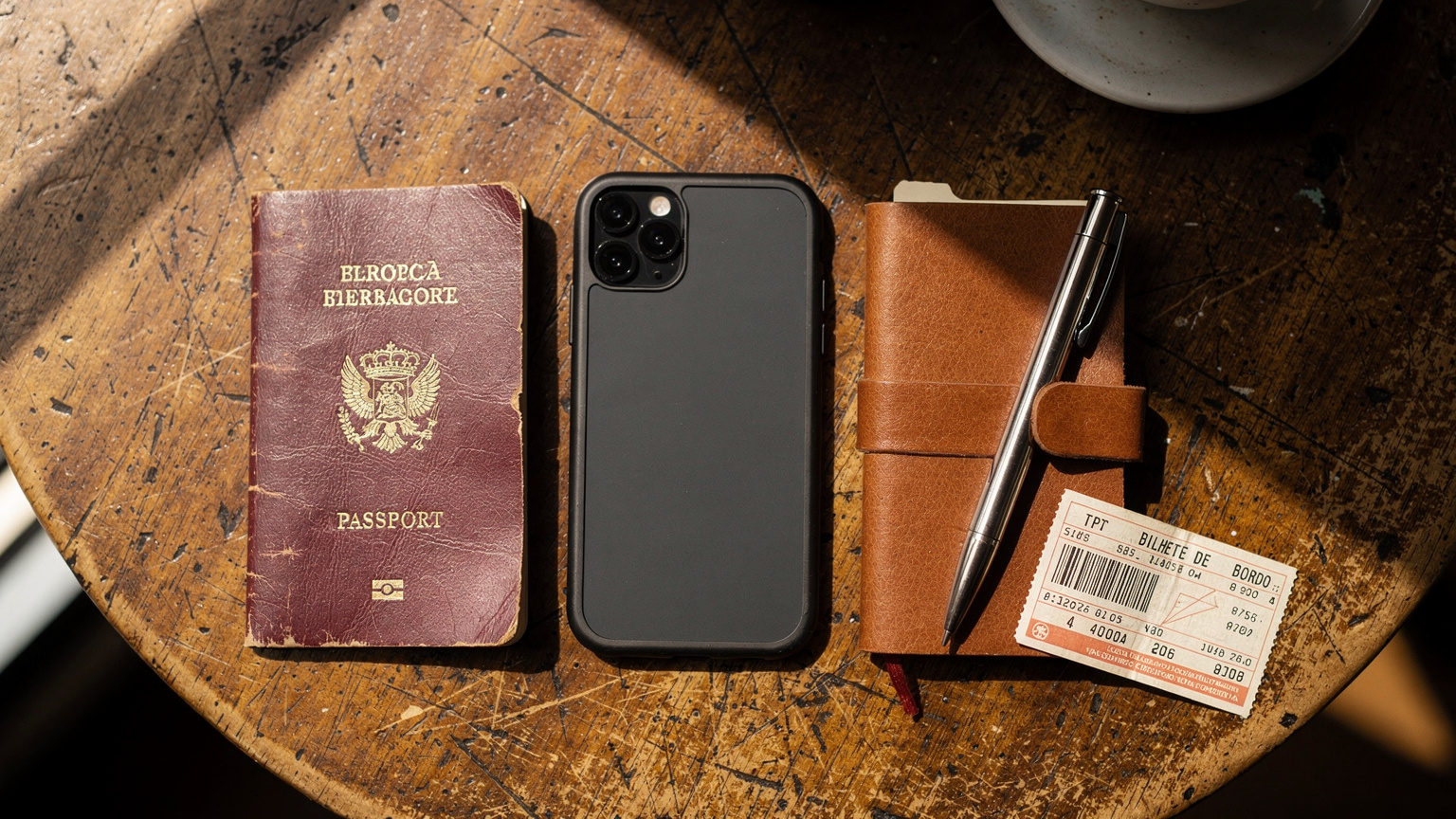 An editorial flat-lay shot of a well-traveled passport, an iPhone 17 with a minimalist case, a small, worn travel journal, and a local bus ticket, all resting on a rustic wooden table in a cafe in Lisbon.