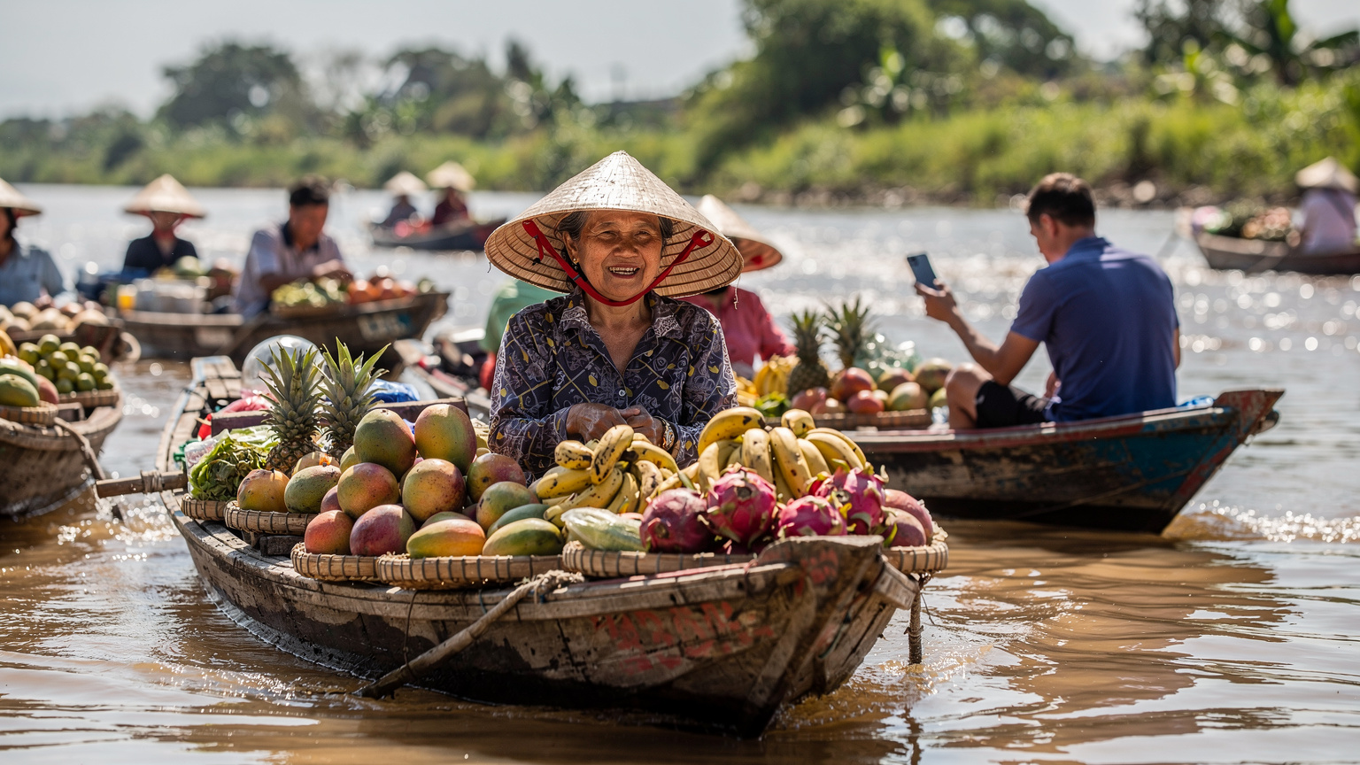 A street vendor in Vietnam's Mekong Delta selling fresh fruit, with a traveler in the background using their iPhone 17 to check directions and local prices, avoiding tourist traps.