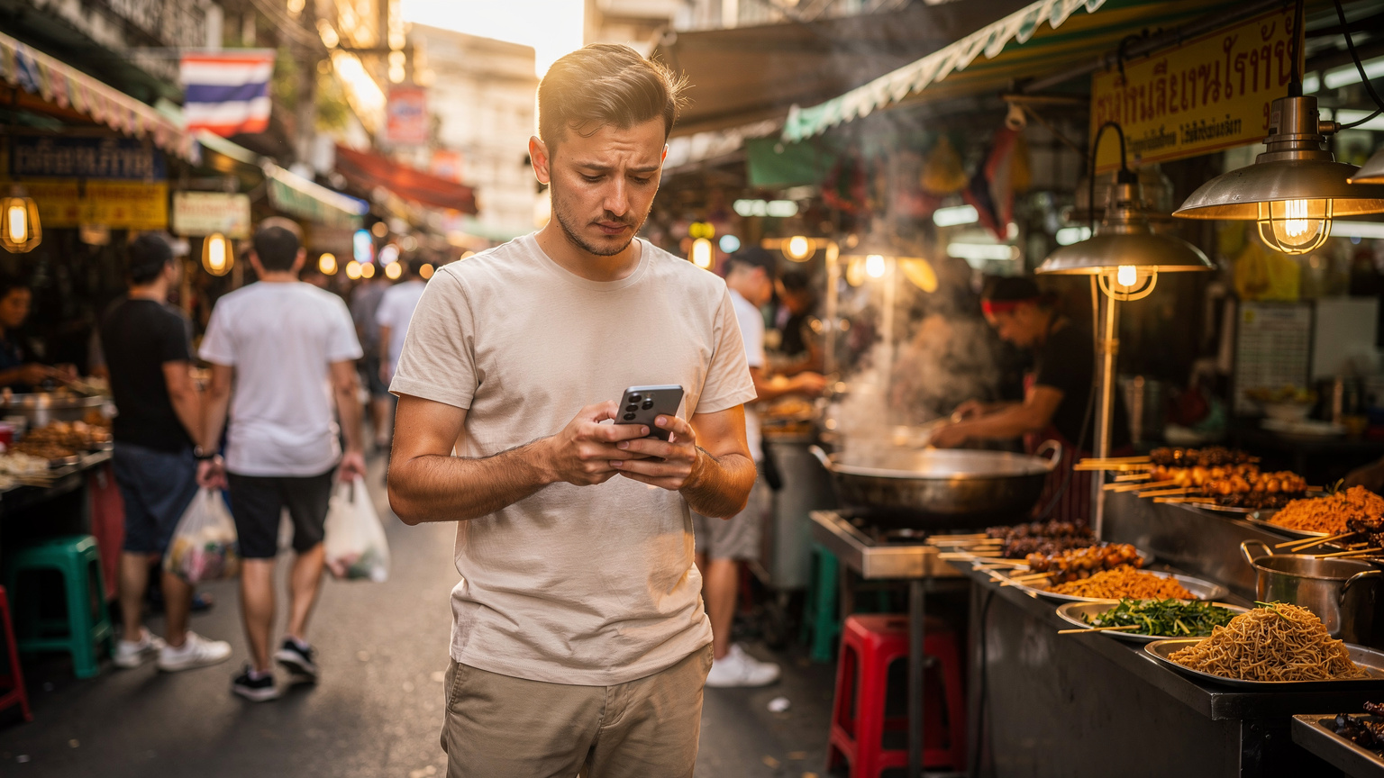 Bangkok'ta hareketli bir sokak pazarında, genç bir dijital göçebe elinde Samsung Galaxy S25 ile eSIM uygulamasından veri kullanımını kontrol ediyor. Arka planda Tayland sokak yemekleri tezgahları ve kalabalık görünüyor.