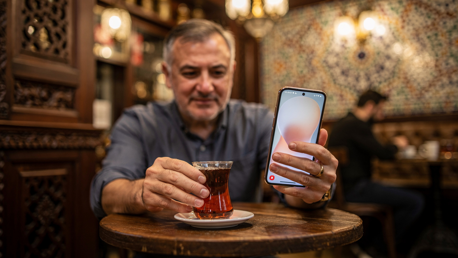 Sultanahmet'te otantik bir Türk kahvesi dükkanında, elinde ince belli çay bardağı tutan bir kişi, Samsung Galaxy S25'inde eSIM paketinin kalan süresini kontrol ediyor. Dükkanın dekorasyonu ve diğer müşteriler arka planda belirgin.