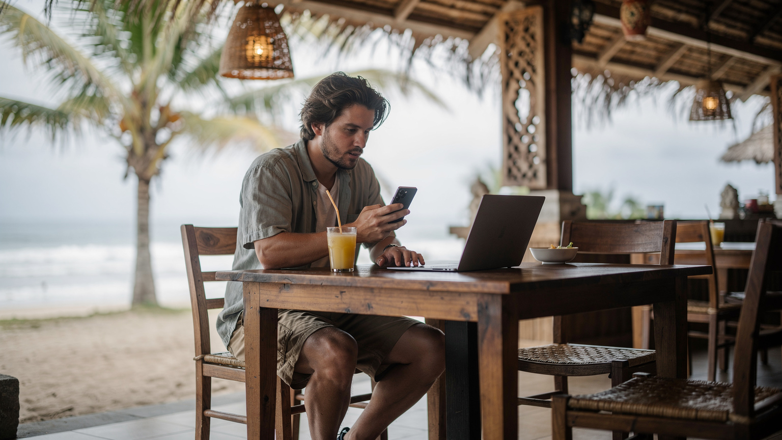 Bali'de bir plaj kafesinde oturan genç bir adam, Samsung Galaxy S25'inde çevrimdışı haritaları ve film indirmelerini ayarlıyor, yanında dizüstü bilgisayarı duruyor.