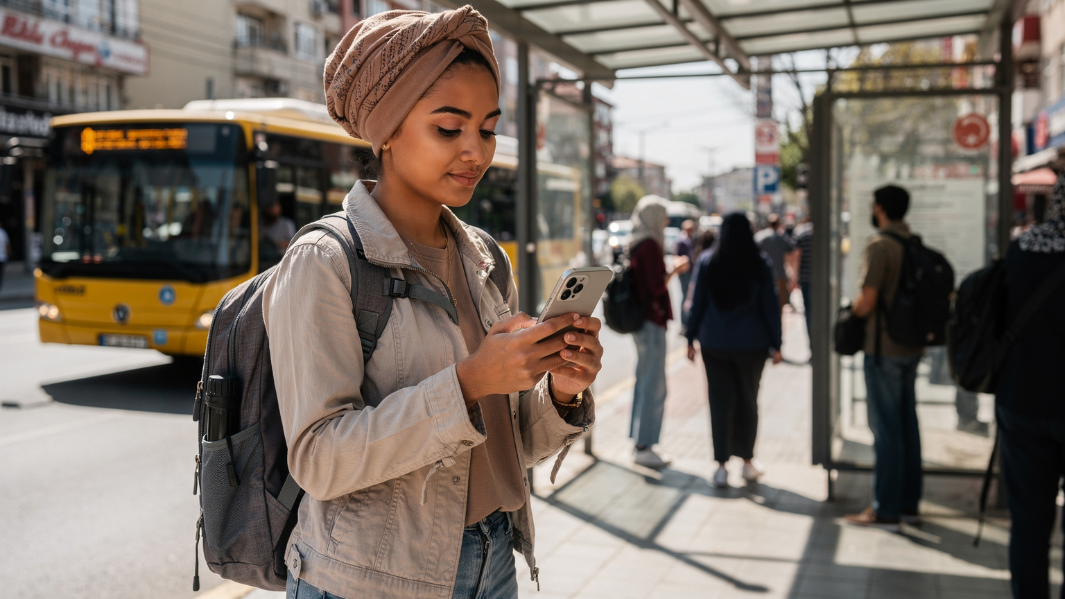 İstanbul'da kalabalık bir otobüs durağında bekleyen bir kadın, Samsung Galaxy S25 telefonunda bir QR kodunu tarayarak eSIM kurulumu yapıyor.