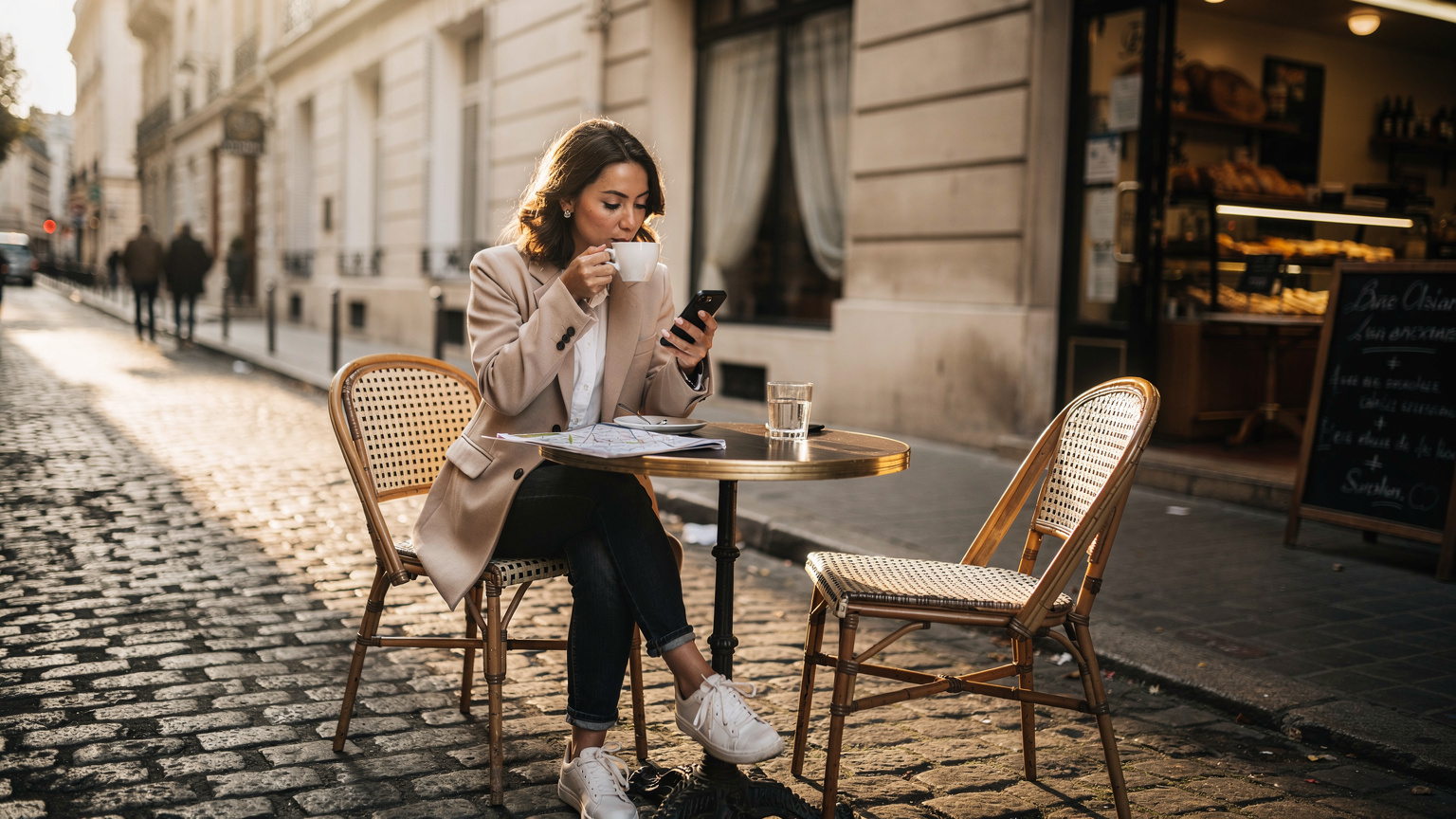 A woman sipping coffee at an outdoor café in Le Marais, Paris, casually checking her smartphone with historic buildings in the blurred background.