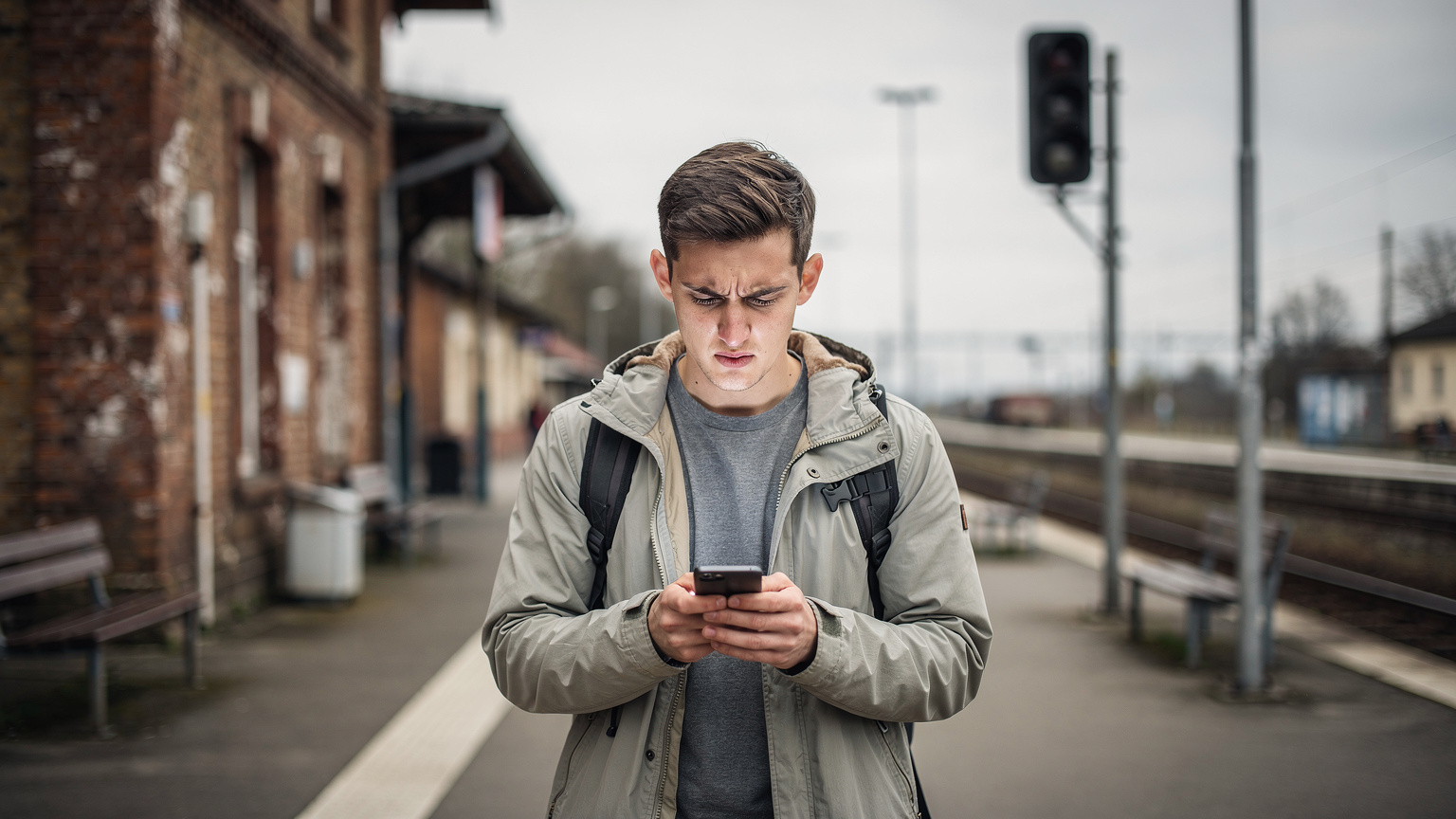 A frustrated traveler on a European train platform looks at their phone with a concerned expression, suggesting a connectivity problem.