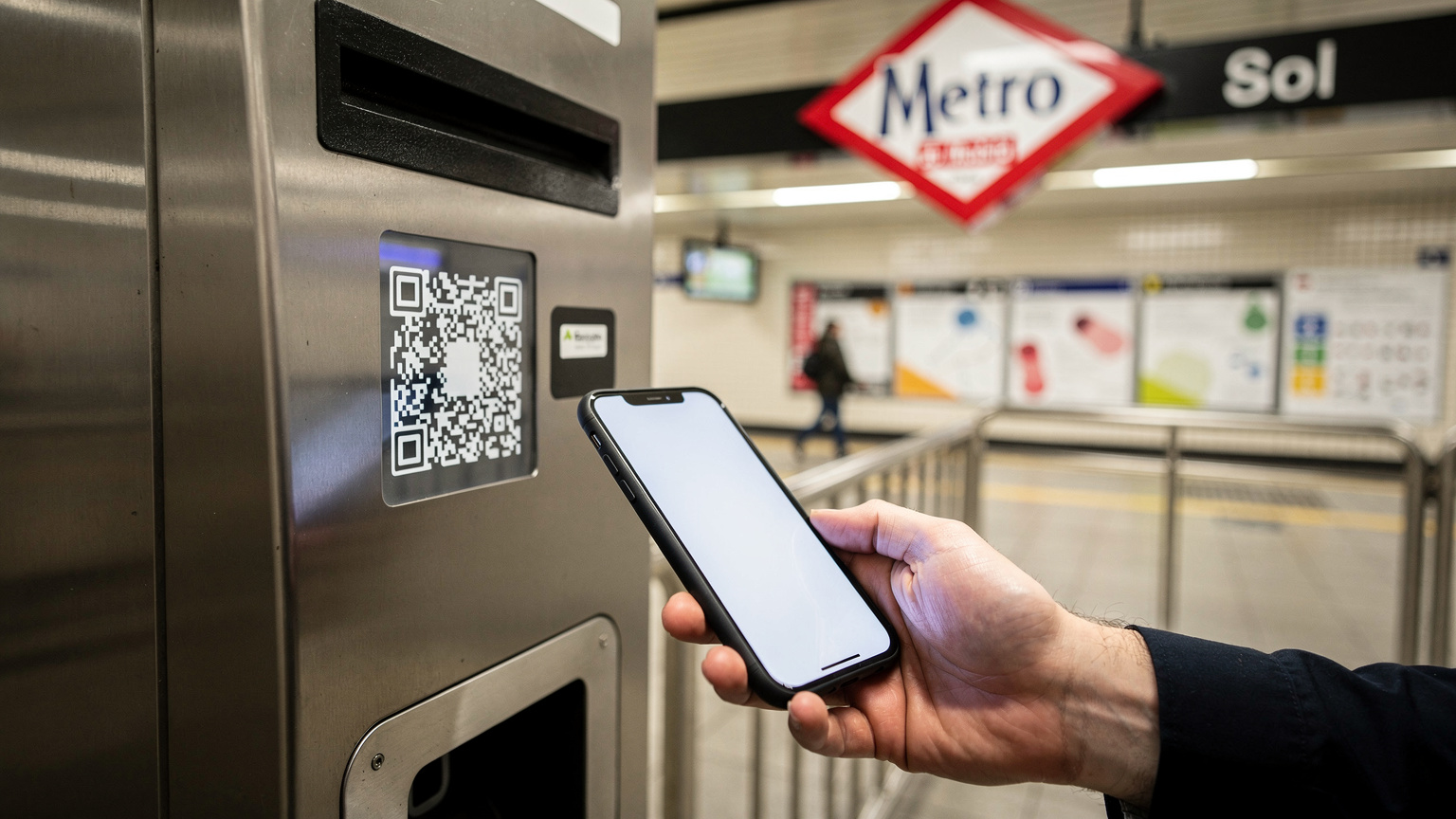 A traveler uses a smartphone to scan a QR code at a metro ticket machine in Madrid's Sol station, with the iconic red and white metro logo visible.