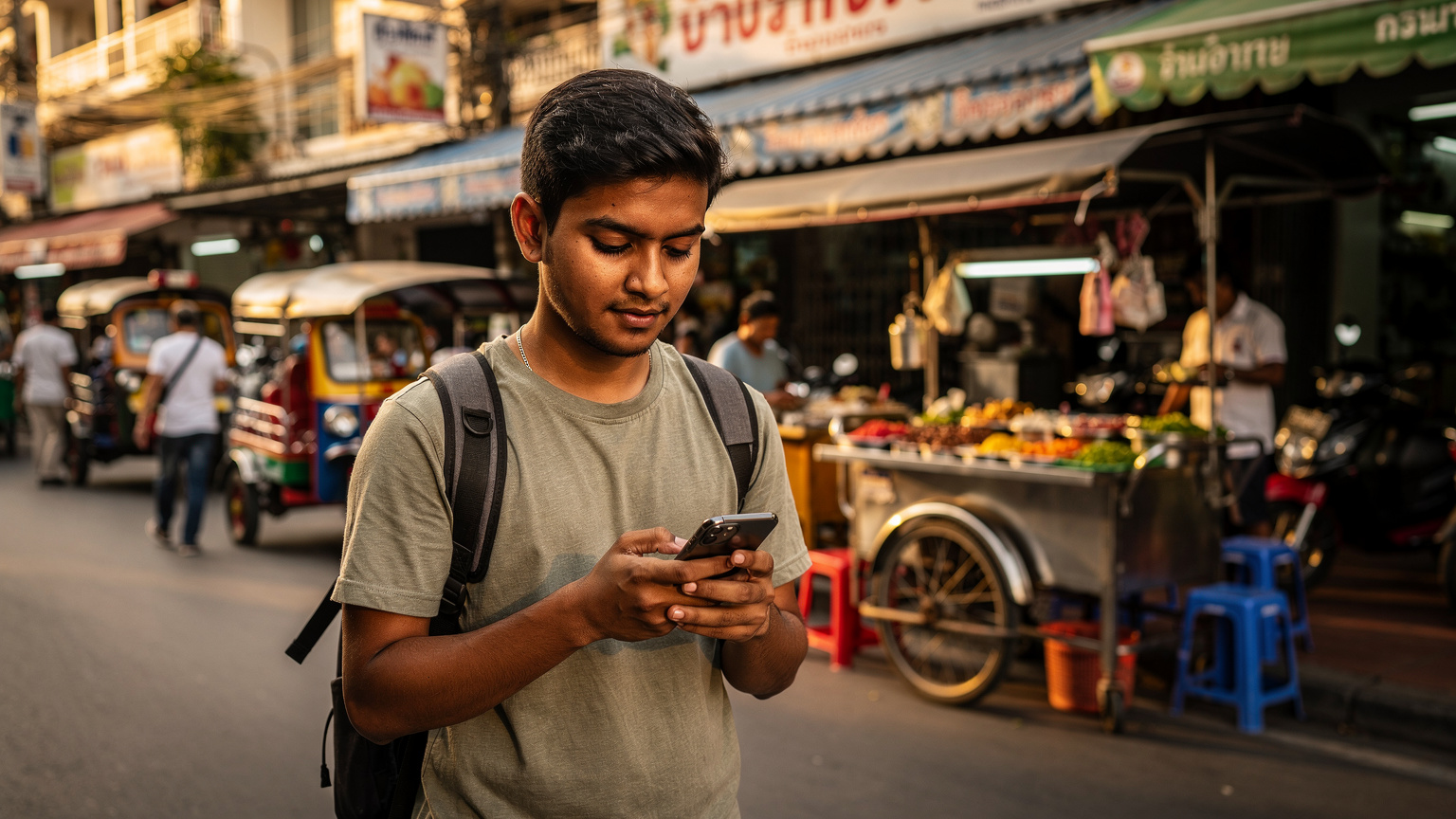 A traveler holds a smartphone, looking up directions on a bustling street in Bangkok, surrounded by food stalls and tuk-tuks.