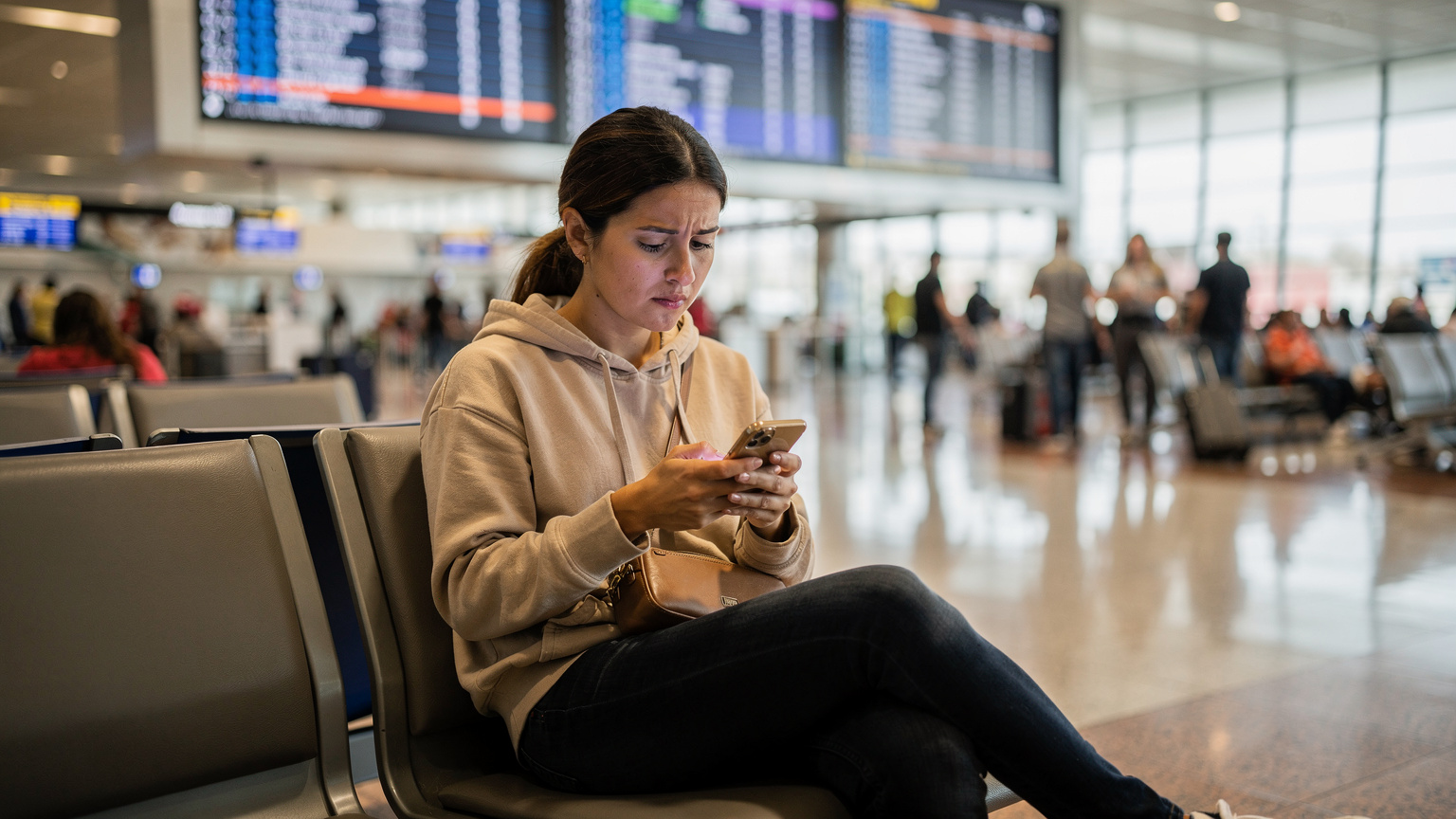 A traveler looks at their phone screen with a slight frown, a busy airport departure board blurred in the background, signaling a moment of connectivity concern.