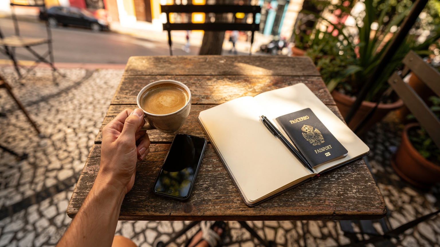 A person sips coffee at an outdoor cafe in Mexico City, a phone and passport visible on the table, capturing a moment of relaxed digital nomad life.