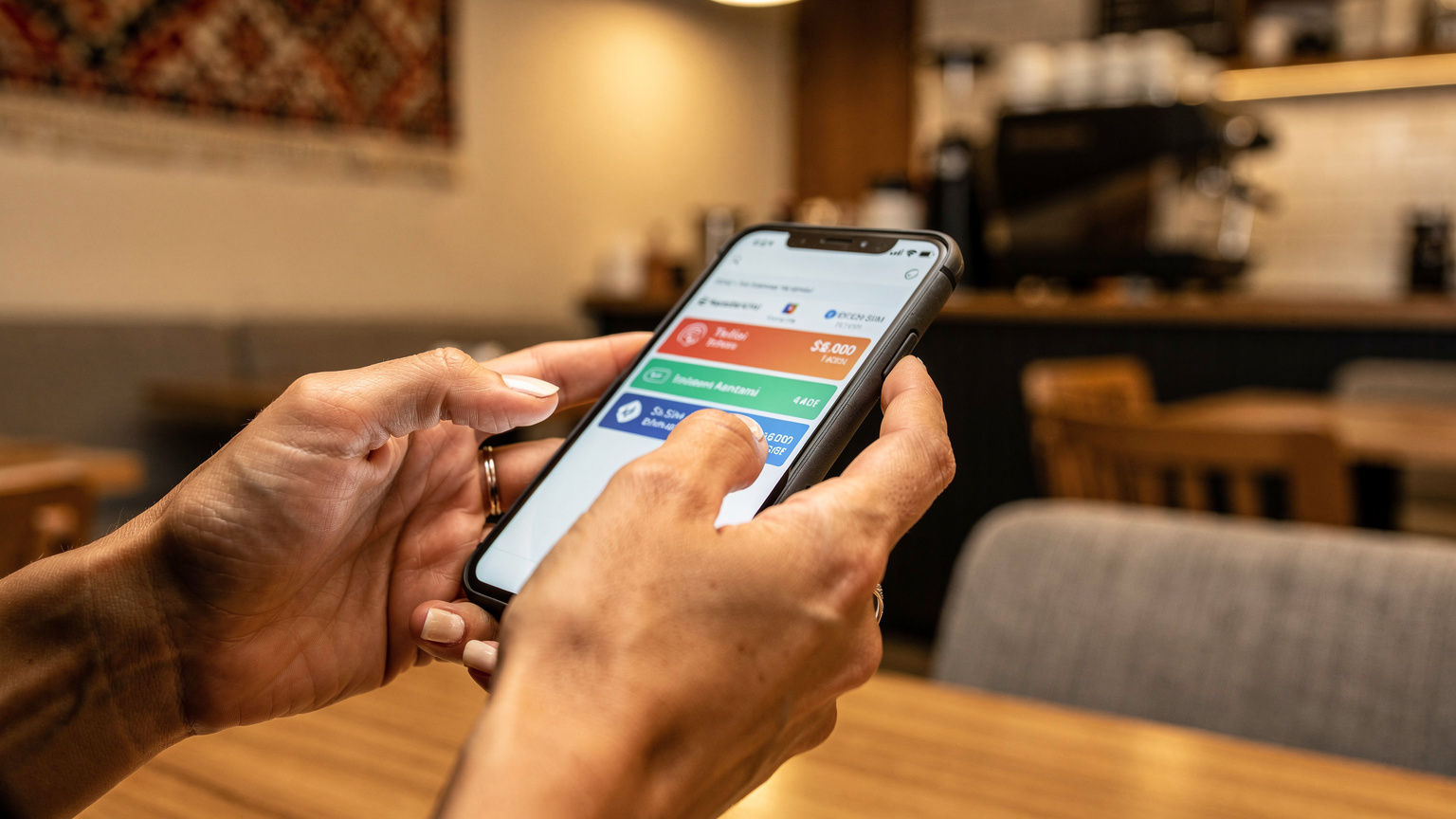 Bir annenin elinde tuttuğu akıllı telefon ekranında, Tiflis için farklı eSIM veri paketleri ve fiyatları karşılaştırılıyor, arka planda bulanık bir kafe ortamı.