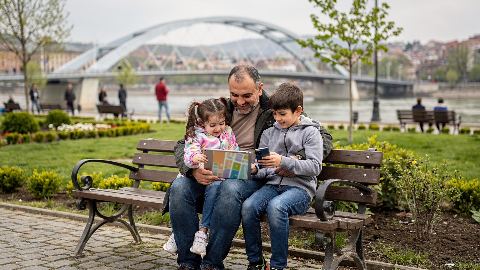 Tiflis'teki Rike Parkı'nda, bir bankta oturan baba ve çocuklarının, tabletlerinden bir çizgi film izlerken telefon ekranında bir harita uygulamasının açık olduğu samimi bir an.