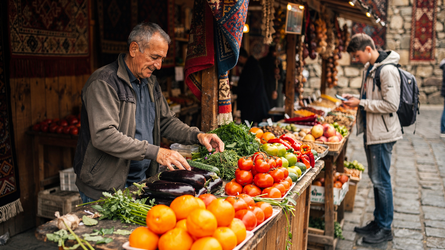 Tiflis'in hareketli Meidan Pazarı'nda, bir satıcı taze meyve ve sebzeleri dizerken, arka planda bir turist telefonundan bir şeyler kontrol ediyor.