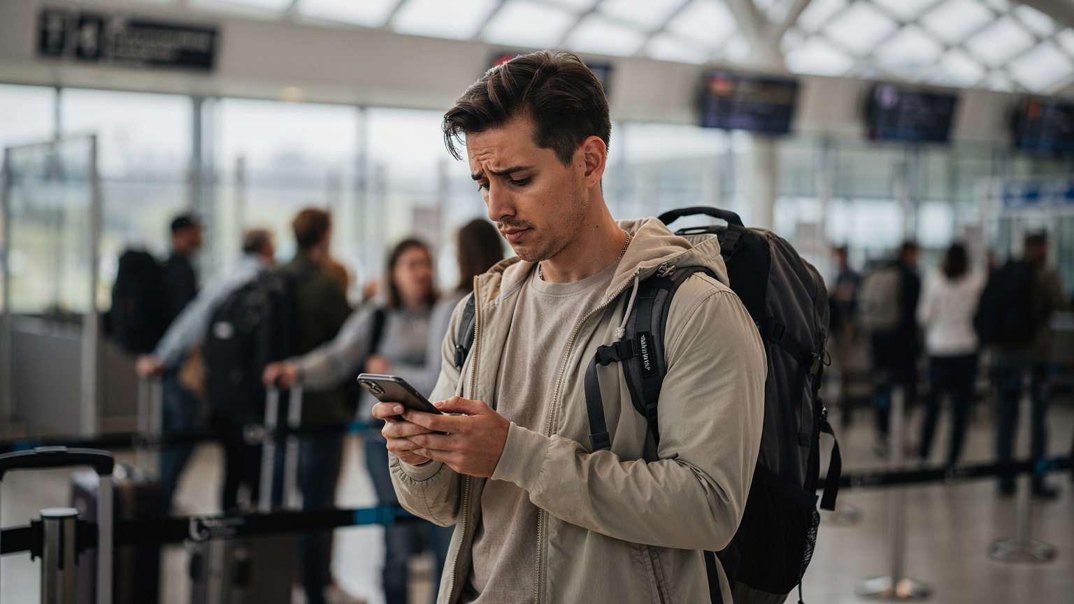 Sınır kapısında, pasaport kontrolü için bekleyen bir gezgin, telefonunda bir e-SIM uygulamasını inceliyor, arka planda bulanık bir sınır geçiş noktası görünüyor.