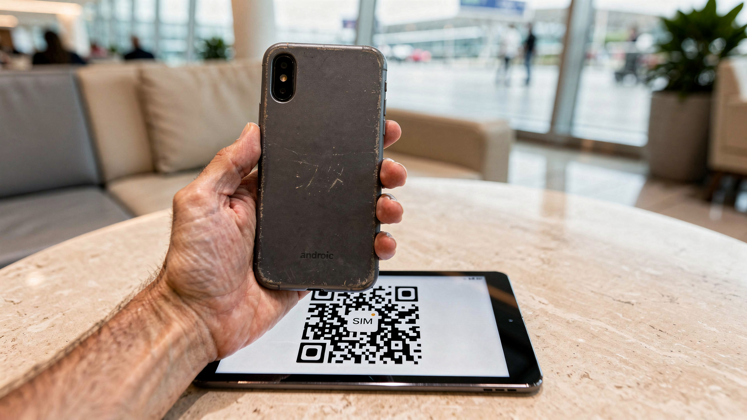 A traveler's hand holding an older Android phone is gently scanning an eSIM QR code displayed on a separate tablet. They are seated at a clean, minimalist table in a bright airport lounge, ready for departure.