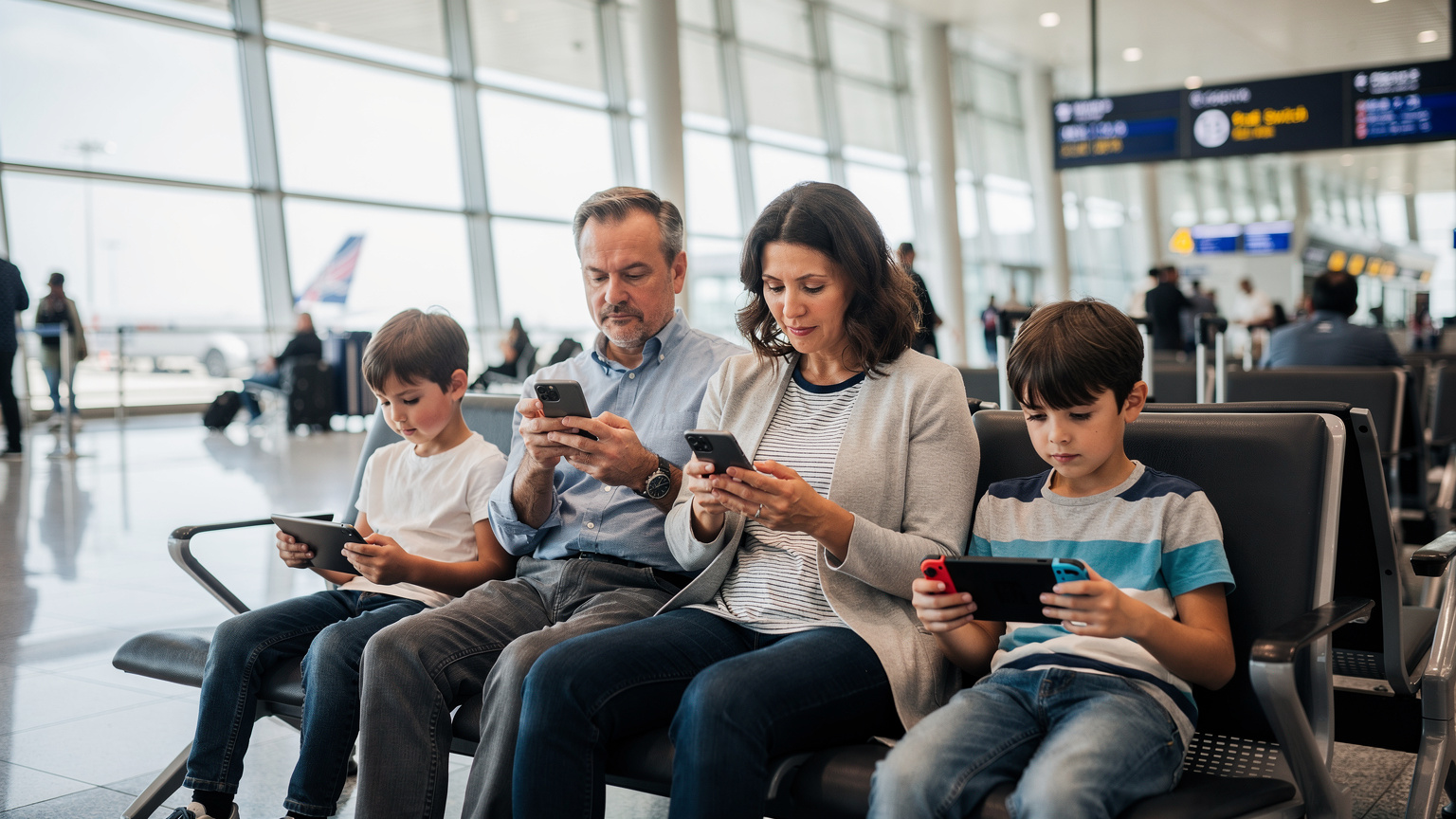 A family of four, two parents and two children (ages 8 and 10), are seated in a bustling airport terminal in Seoul, each engrossed in their own device. The parents are on smartphones, and the children are on a tablet and a Nintendo Switch, all calmly using connectivity.