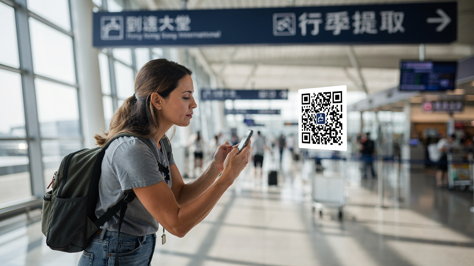一位旅行者在香港國際機場抵達大廳，正掃描eSIM二維碼，背景是機場指示牌和繁忙的旅客。
