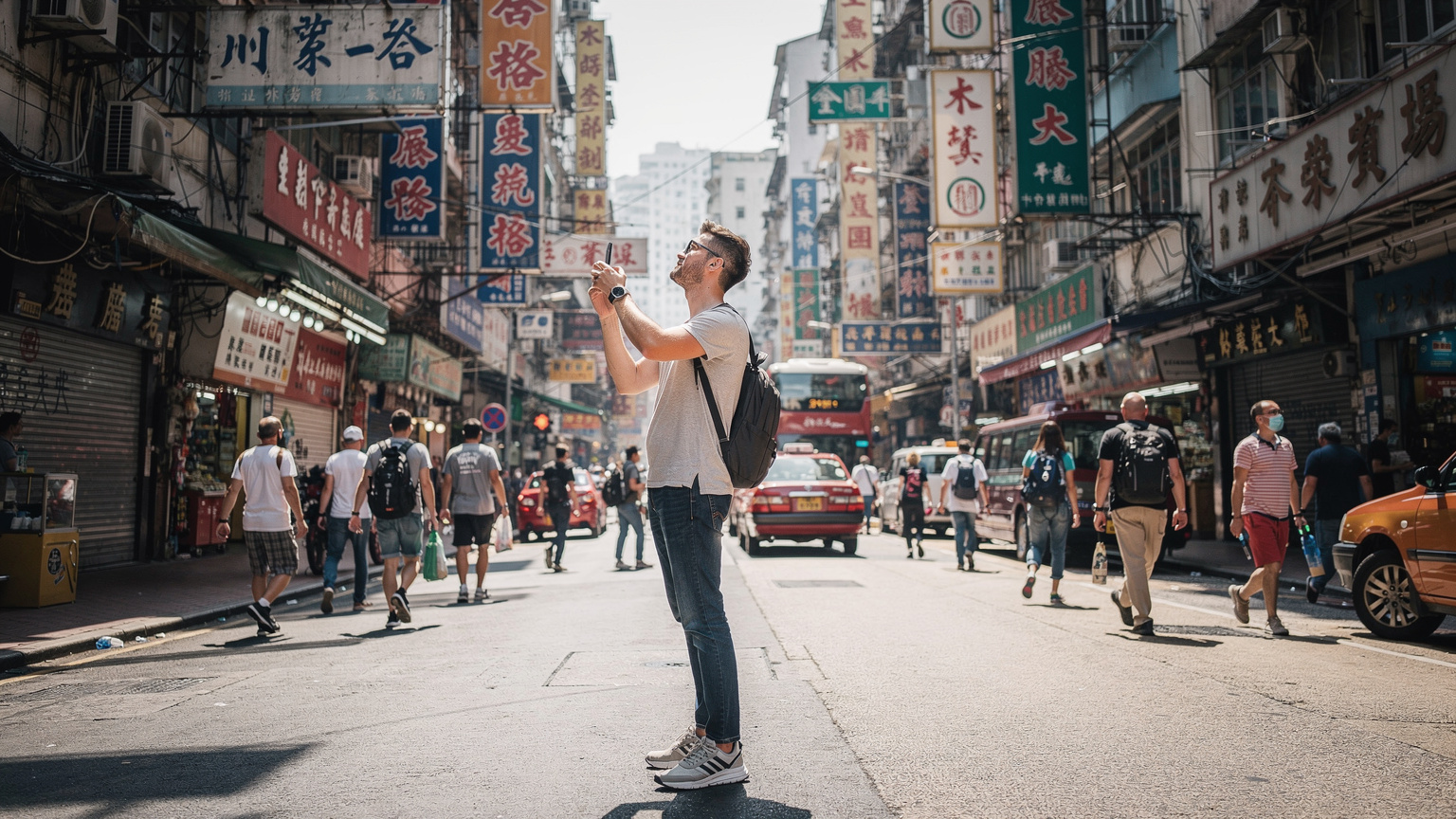 一位旅行者在香港旺角的街頭，舉起手機拍攝街景，背景是密集的招牌和穿梭的人群，光線明亮。